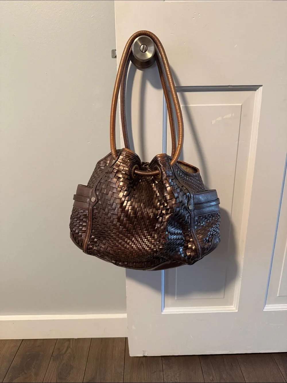 Cole Haan Genevieve Woven Leather Hobo Bag Metallic Bronze Boho